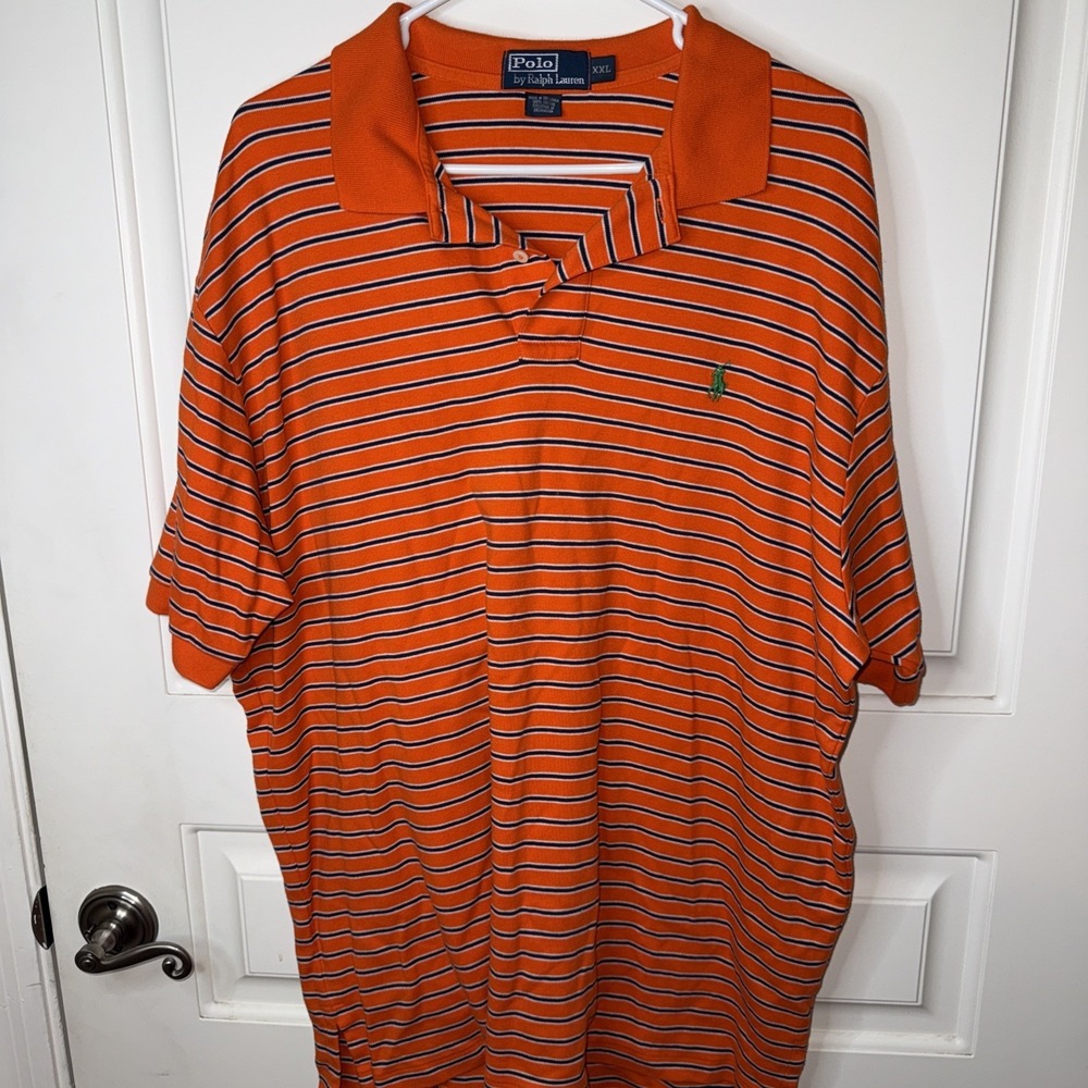 Polo Golf‎ XXL Orange With Blue/White Stripes Collard Short Sleeve 100% Cotton